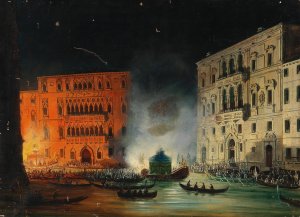 Venice - Festivities on the Grand Canal in 1838 in honour of Emperor Ferdinand by Giovanni Grubacs Oil Painting