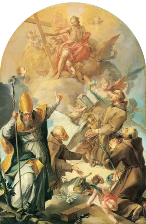 Three Capuchin Saints and a Bishop Worshipping Christ and the Cross by Giovanni Lanfranco Oil Painting