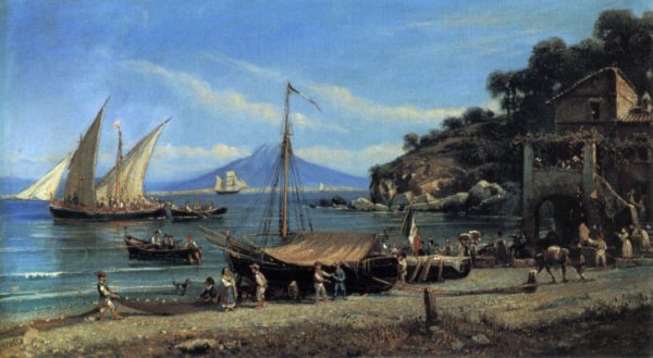 Main Product Photo of Figures on a Beach near Naples Painting by Giovanni Maria Benzoni