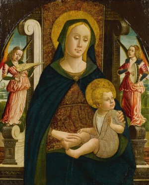 Madonna and Child enthroned with two angels by Giovanni Mazone Oil Painting