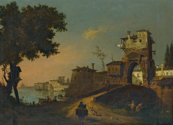 Italian Landscape With Figures Entering A Fortified Waterside Town by Giovanni Migliara - Hand-Painted Oil Painting Reproduction