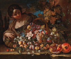 Flowers and fruit on a stone ledge with a young woman by Giovanni Paolo Castelli Oil Painting