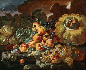 Peaches, apples, plums and cherries by a pumpkin, on a stone ledge by Giovanni Paolo Castelli Oil Painting