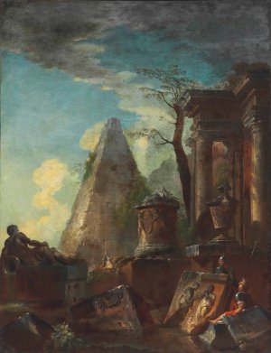 A Capriccio Of Classical Ruins With The Pyramid Of Cestius Beyond by Giovanni Paolo Panini Oil Painting