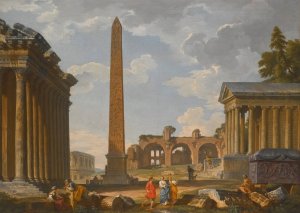 A Capriccio View Of Rome With Ancient Ruins And The Flaminian Obelisk by Giovanni Paolo Panini Oil Painting
