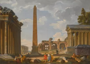 A Capriccio View Of Rome With Ancient Ruins And The Flaminian Obelisk by Giovanni Paolo Panini Oil Painting