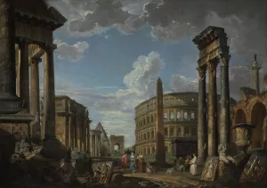 An architectural capriccio with figures among Roman ruins by Giovanni Paolo Panini Oil Painting