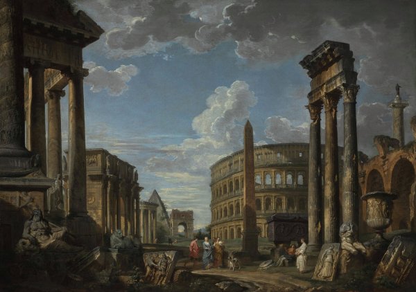 An architectural capriccio with figures among Roman ruins by Giovanni Paolo Panini - Hand-Painted Oil Painting Reproduction