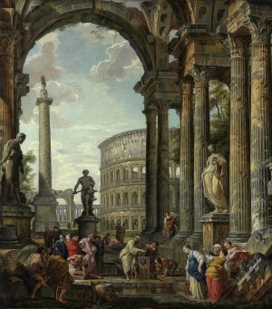 An architectural capriccio with the philosopher Diogenes and other figures by Giovanni Paolo Panini Oil Painting