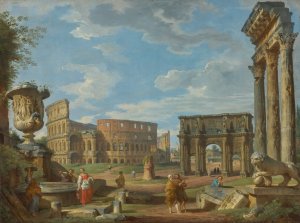 Capriccio Of Roman Monuments With The Colosseum And Arch Of Constantine by Giovanni Paolo Panini Oil Painting