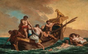 Mariners rescuing a young boy adrift at sea in a basket by Giovanni Paolo Panini Oil Painting