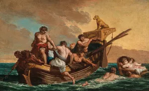 Mariners rescuing a young boy adrift at sea in a basket Oil painting by Giovanni Paolo Panini
