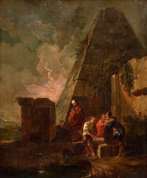 Philosphers and Soldiers Among Ancient Ruins, Including the Pyramid of Gaius Cestius by Giovanni Paolo Panini Oil Painting