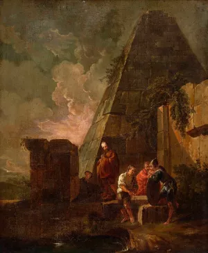 Philosphers and Soldiers Among Ancient Ruins, Including the Pyramid of Gaius Cestius by Giovanni Paolo Panini Oil Painting