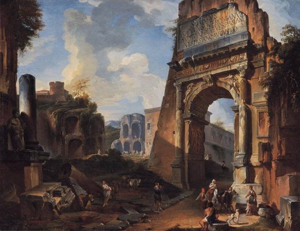 Ideal Landscape with the Titus Arch by Giovanni Paolo Pannini - Hand-Painted Oil Painting Reproduction