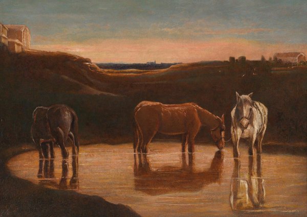 Main Product Photo of Cavalli al guado Painting by Giovanni Segantini
