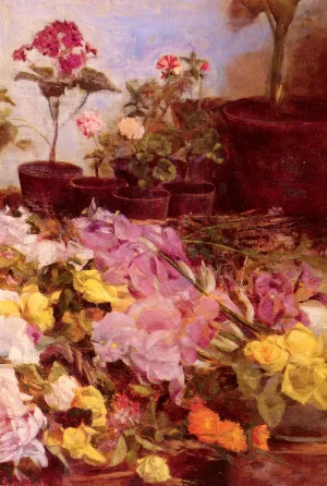 Still Life with Flower Pots and Cut Flowers by Giovanni Sottocornola Oil Painting