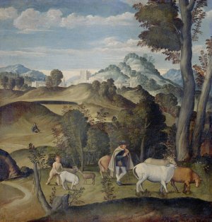 The Young Mercury Stealing Cattle from the Herd of Apollo by Girolamo Da Santacroce Oil Painting