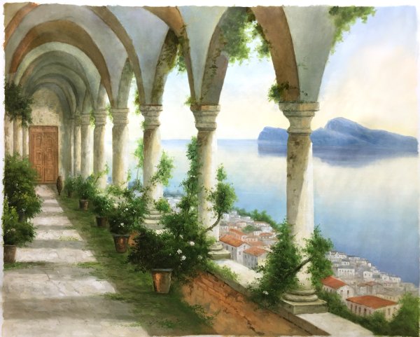 Sample hand-painted oil reproduction of A Colonnade Overlooking the Isle of Capri by Henri Biva