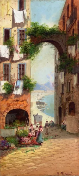 A Flower Market with a View of Vesuvius, Naples by Girolamo Gianni Oil Painting