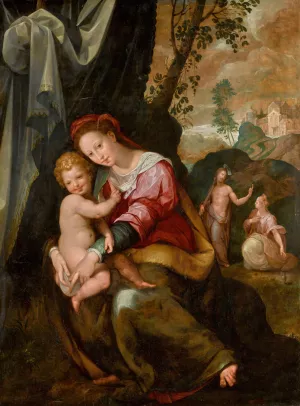 Madonna And Child, with Noli Me Tangere Beyond by Girolamo Macchietti Oil Painting