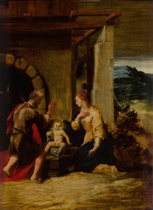 The Holy Family in a landscape by Girolamo Mazzola Bedoli Oil Painting