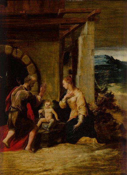 The Holy Family in a landscape by Girolamo Mazzola Bedoli - Hand-Painted Oil Painting Reproduction