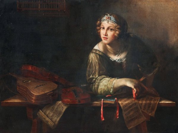 Allegorical Figure with musical instruments and sheets of music by Girolamo Scaglia - Hand-Painted Oil Painting Reproduction