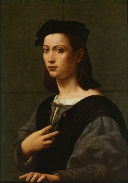 Main Product Photo of Portrait of a Young Gentleman Half Length in a Blue Douiblet and White Shirt with Black Hair Painting by Giuliano Bugiardini