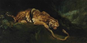 A Tiger Struggling With A Snake by Giulio Aristide Sartorio Oil Painting