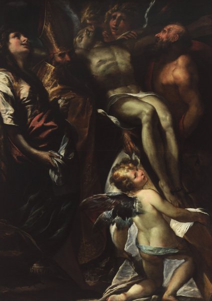 The Lowering Of The Cross With Sts Mary Magdalene, Augustine, Jerome And Angels  by Giulio Cesare Procaccini - Hand-Painted Oil Painting Reproduction