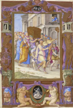 King David Dancing before the Ark of the Covenant, in a Decorative Frame by Giulio Clovio Oil Painting