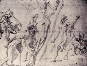 Flaying of Marsyas painting by Giulio Romano