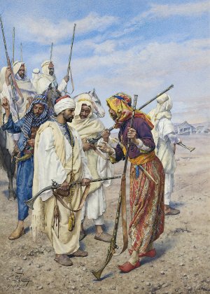 Bedouins preparing a raiding party by Giulio Rosati Oil Painting