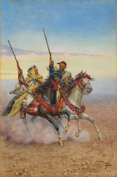 Two horsemen by Giulio Rosati - Hand-Painted Oil Painting Reproduction