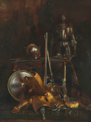 Still life of armor and gun elements by Giuseppe Adolfo Feragutti Visconti Oil Painting
