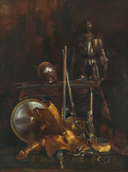 Main Product Photo of Still life of armor and gun elements  Painting by Giuseppe Adolfo Feragutti Visconti