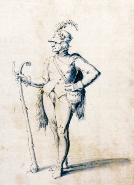 Costume Drawing for a Male Figure with Stave by Giuseppe Arcimboldo - Hand-Painted Oil Painting Reproduction
