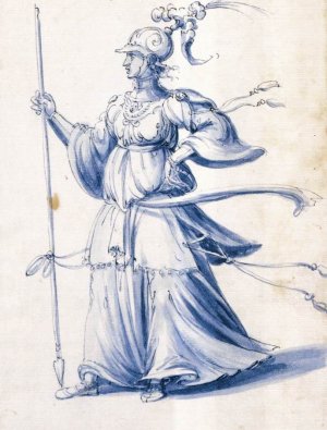 Costume Drawing of a Woman with Lance Oil painting by Giuseppe Arcimboldo