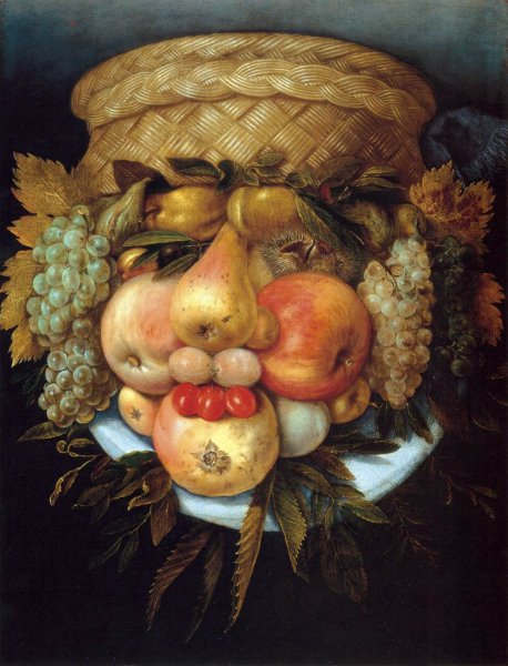 Main Product Photo of Reversible Head with Basket of Fruit Painting by Giuseppe Arcimboldo