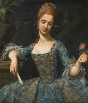 Portrait Of A Lady In An Elaborately Embroidered Blue Dress by Giuseppe Baldrighi Oil Painting