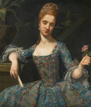 Portrait Of A Lady In An Elaborately Embroidered Blue Dress Oil painting by Giuseppe Baldrighi