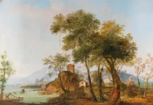 A bucolic river landscape by Giuseppe Bernardino Bison Oil Painting