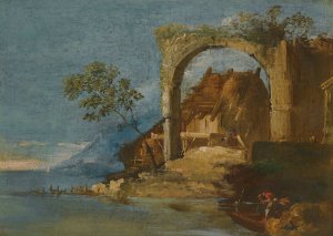 A Capriccio Fluvial Landscape With Figures In A Boat In The Foreground by Giuseppe Bernardino Bison Oil Painting