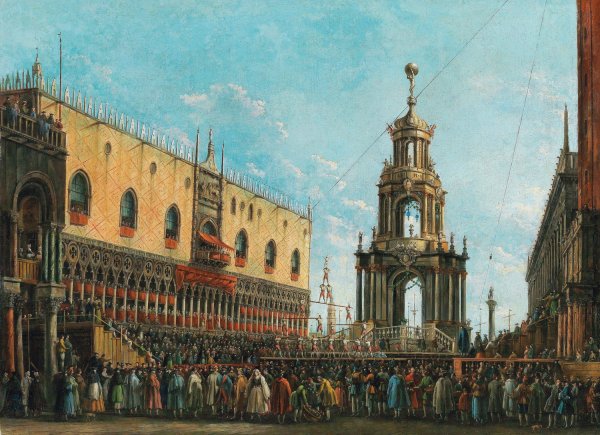 The 'Giovedi Grasso' Festival before the Ducal Palace in Venice by Giuseppe Bernardino Bison - Hand-Painted Oil Painting Reproduction