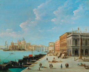 The Molo, looking towards the Zecca with the column of Saint Teodoro, Venice by Giuseppe Bernardino Bison Oil Painting