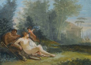 Venus And Cupid With A Satyr In A Classical Landscape by Giuseppe Bernardino Bison Oil Painting