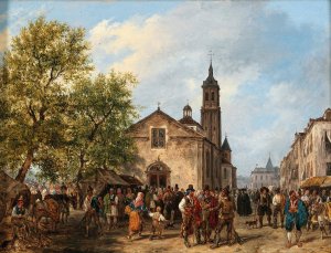 A Lively Scene on a Market Square by Giuseppe Canella Oil Painting