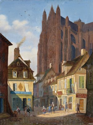 A street in Chartres with the Cathedral in the background by Giuseppe Canella Oil Painting