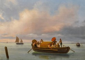 A Venetian scene with a gondola on a lagoon by Giuseppe Canella Oil Painting